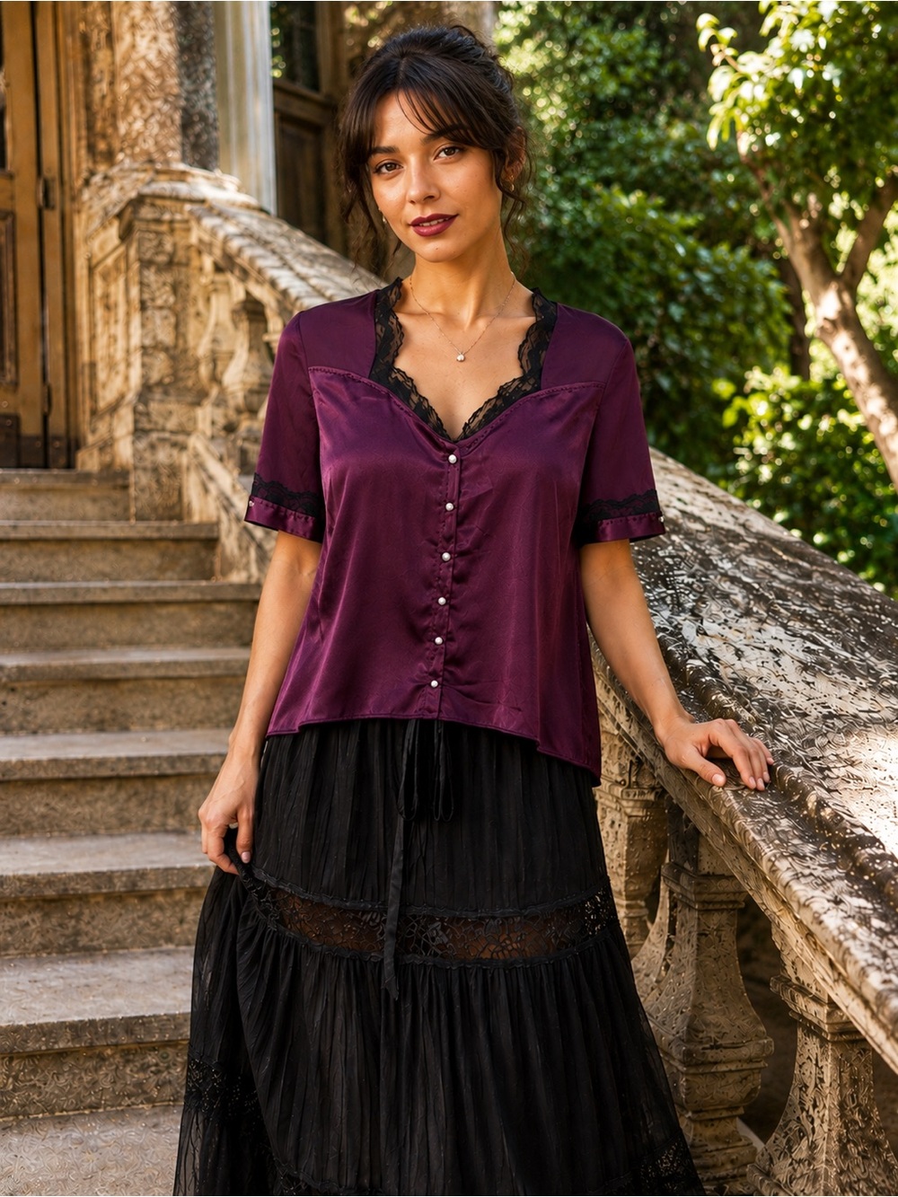 Apostrophe Plum Satin Lace Blouse L/G | Dark Academia Romantic Goth